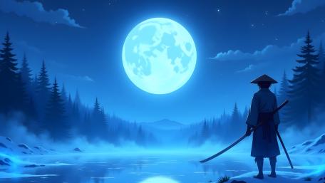 Moonlit Samurai Vigil Over a Frozen Lake in Blue Dusk wallpaper