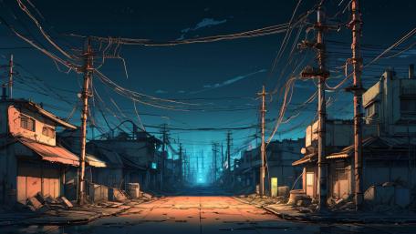 Silent Midnight Street Beneath Tangled Power Lines Anime Wallpaper wallpaper
