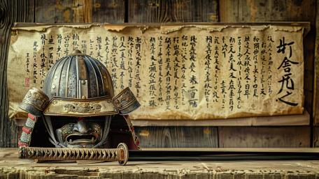 Bushido Relic Samurai Helmet Before Ancient Calligraphy Scroll wallpaper