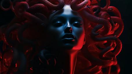 Crimson Shadow Medusa in Neon Noir Aesthetic wallpaper