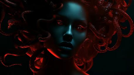 Crimson Shadow Medusa in Neon Noir Aesthetic wallpaper