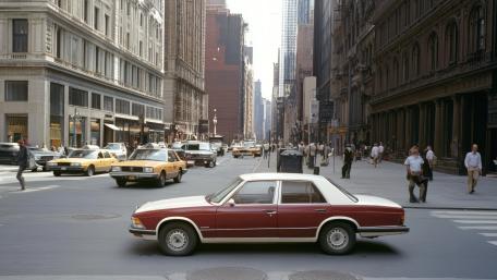 Classic Car Glide Through a Timeless Downtown Avenue wallpaper