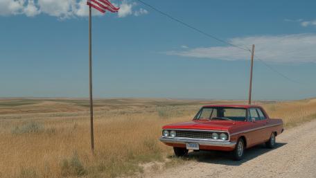 Red Vintage Muscle Car on an Open Prairie Road wallpaper