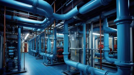 Blue Industrial Pipeline Network in High Tech Utility Facility wallpaper