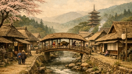 Springtime Bridge Over Misty Mountain Village River wallpaper