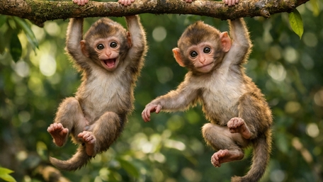 Playful Baby Macaques Hanging From a Forest Branch wallpaper