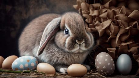 Cozy Easter Bunny Nestled Among Pastel Eggs in 4K wallpaper