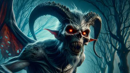 Horned Night Stalker with Glowing Eyes in Haunted Forest Mist wallpaper