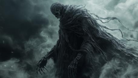 Monochrome Wraith in Stormbound Fog Cloak of Shadows wallpaper