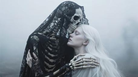 Death’s Embrace Gothic Romance in Silver Mist wallpaper