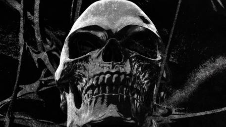 Monochrome Ghost Skull in Shadowed Metal Darkness 4K wallpaper