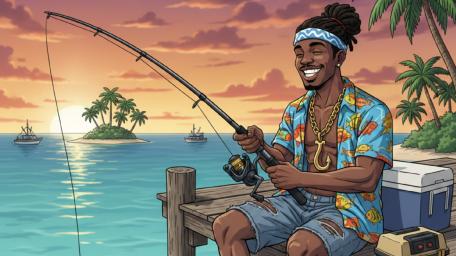 Sunset Island Fishing Joy Anime Vibes wallpaper