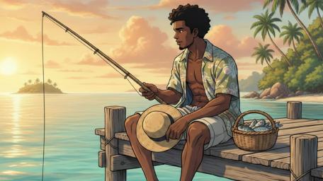 Sunset Pier Fisherman Under Tropical Palms Anime Serenity wallpaper