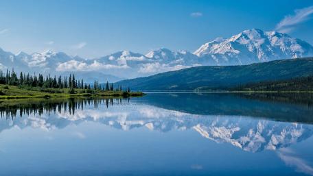 Denali Mirror Lake Under Vast Alaskan Blue Sky wallpaper