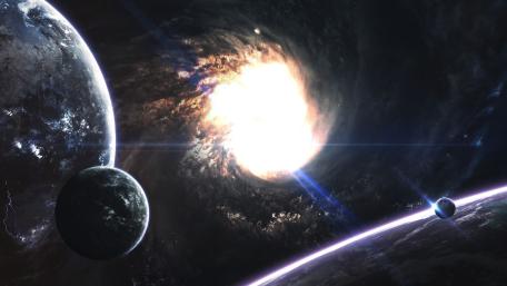 Blazing Galactic Core Beyond Distant Planets and Rings wallpaper