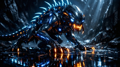 Neon Cyber Hydra Stalker in Rainsoaked Alien Cavern wallpaper