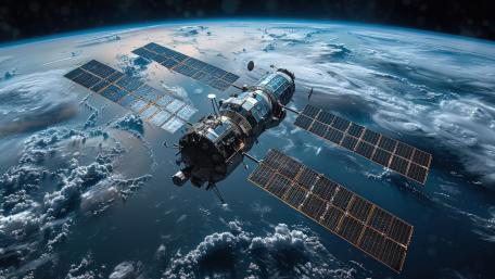 Solar Winged Satellite Drifting Above Earth in Crisp 5K Detail wallpaper