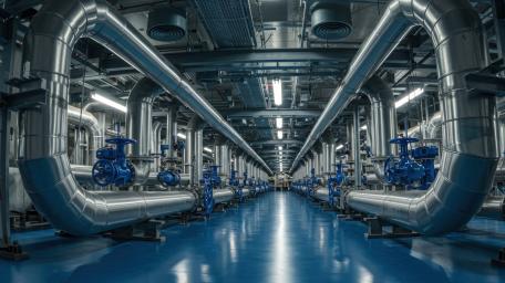Symmetric Industrial Pipeline Corridor in a High Tech Pumping Station wallpaper
