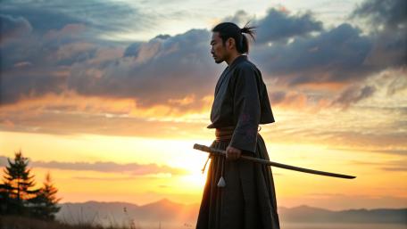 Silent Samurai at Dusk Holding a Katana Against the Burning Sky wallpaper