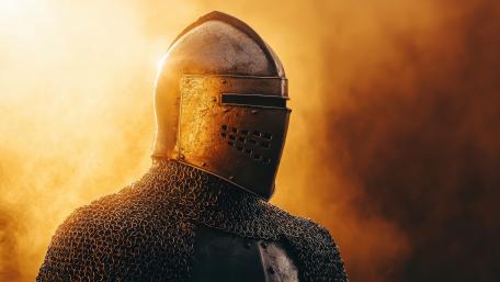 Sunlit Crusader Helm and Chainmail in Emberlit Fantasy Haze wallpaper