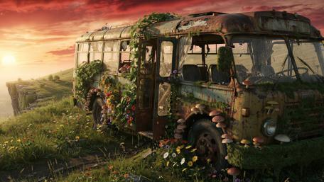 Rustbound Minibus Garden at Sunset in a Forgotten Fantasy Field wallpaper