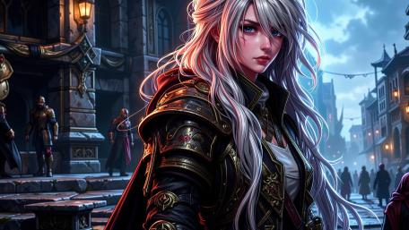 Silver Haired Warrior Girl in a Midnight Fantasy City wallpaper