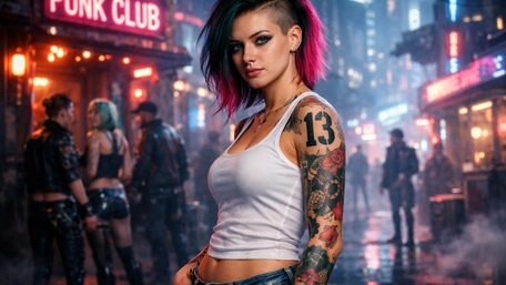 Neon Rain Cyberpunk Street Punk Girl with Tattoos and Undercut wallpaper