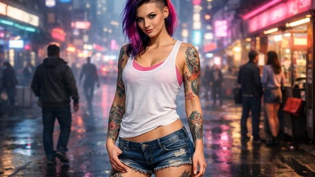 Tattooed Cyberpunk Girl in Photorealistic Street Glow wallpaper