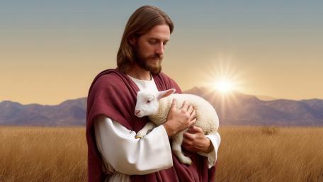 Shepherd of Dawn Holding the Lamb in Gentle Light wallpaper