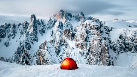 Winter Camp Beneath the Dolomites Snowy Spires wallpaper