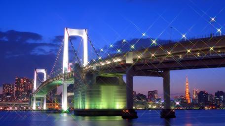 Twilight City Bridge Lights Over Calm Water Skyline wallpaper