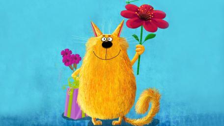 Fluffy Golden Cat Offering a Giant Flower and Tiny Bouquet wallpaper