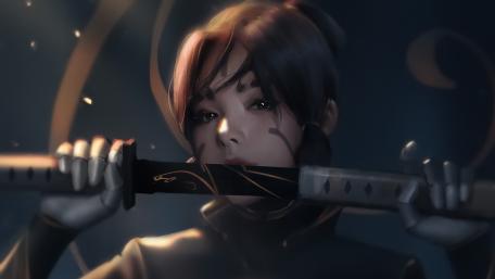 Shadowed Swordswoman With Black Hair and Steel Resolve wallpaper