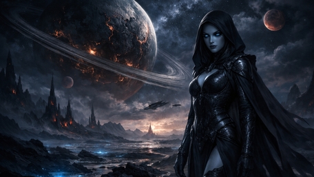 Moonlit Demoness in Cloak Beneath Ringed Planet Skies wallpaper