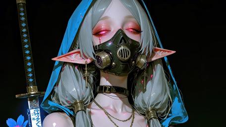 Futuristic Elf Swordswoman in Gas Mask Under Neon Glow wallpaper