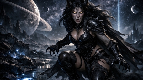Moonlit Demoness Werewolf Under Ringed Planets in Gothic Dark Fantasy wallpaper