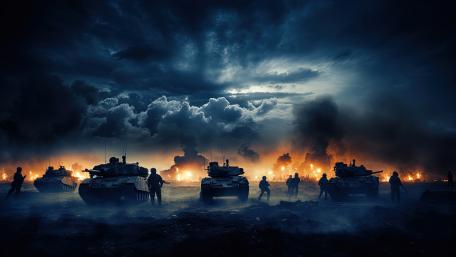 Armored Advance Through Smoke and Fire Under a Stormy Sky wallpaper