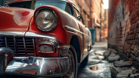 Rain Kissed Red Classic Chevrolet in a Gritty Alleyway wallpaper
