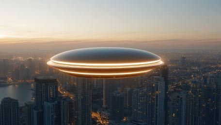 Luminous UFO Over Twilight Skyscrapers in a Futuristic Fantasy Skyline wallpaper