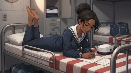 Quiet Barracks Letter Writing Anime Female Soldier in Navy Uniform wallpaper