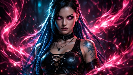 Neon Storm Sorceress with Blue Braids and Pink Glowing Eyes wallpaper