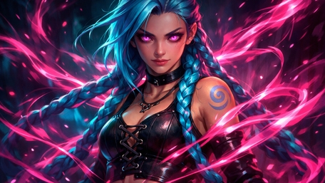 Neon Braid Warrior With Pink Glowing Eyes and Electric Blue Hair wallpaper
