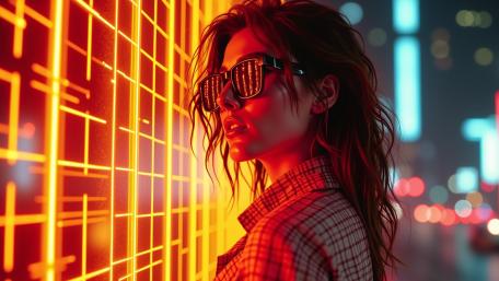 Neon Night Reflections Girl in Sunglasses Amid City Glow wallpaper