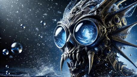 Clockwork Abyssal Alien With Ice Blue Eyes and Razor Fangs wallpaper