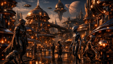 Gilded Alien Metropolis Under Ringed Skies wallpaper