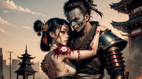 Demonic Samurai Embrace with Haunted Geisha at Twilight Shrine wallpaper