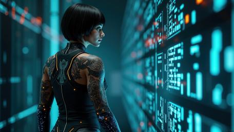 Neon Data Corridor Guardian Cyberpunk Girl in Futuristic City Glow wallpaper