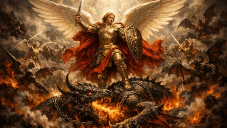 Arcanjo Miguel Triumphs Over the Dragon in Celestial Battle wallpaper