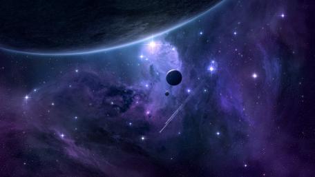 Purple Nebula Horizon Over Distant Planetary Shadows in Deep Space wallpaper