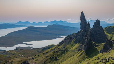 Old Man of Storr Overlooking Misty Skye Highlands at Dawn wallpaper